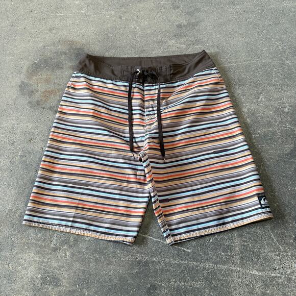 Quiksilver Board Swim Shorts Size 30 Brown Striped Surf Beach Summer Drawstring - Picture 1 of 7